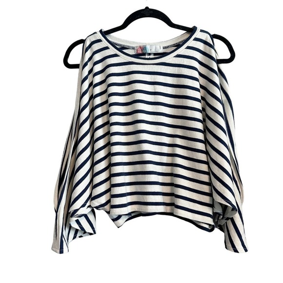 Free People Beach Full Moon Blue White Stripe Crop Cold Shoulder Tee NWT Size XS - Picture 1 of 12